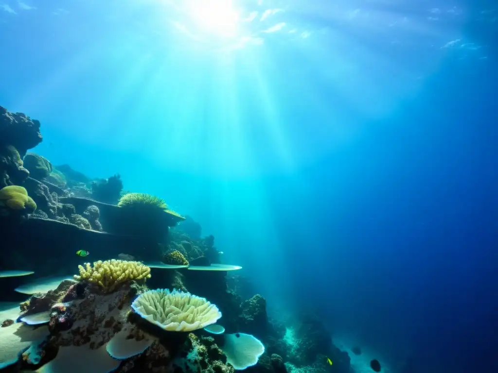 Un paisaje submarino impresionante con formación fosas marinas tectónica, vida marina colorida y un ambiente misterioso