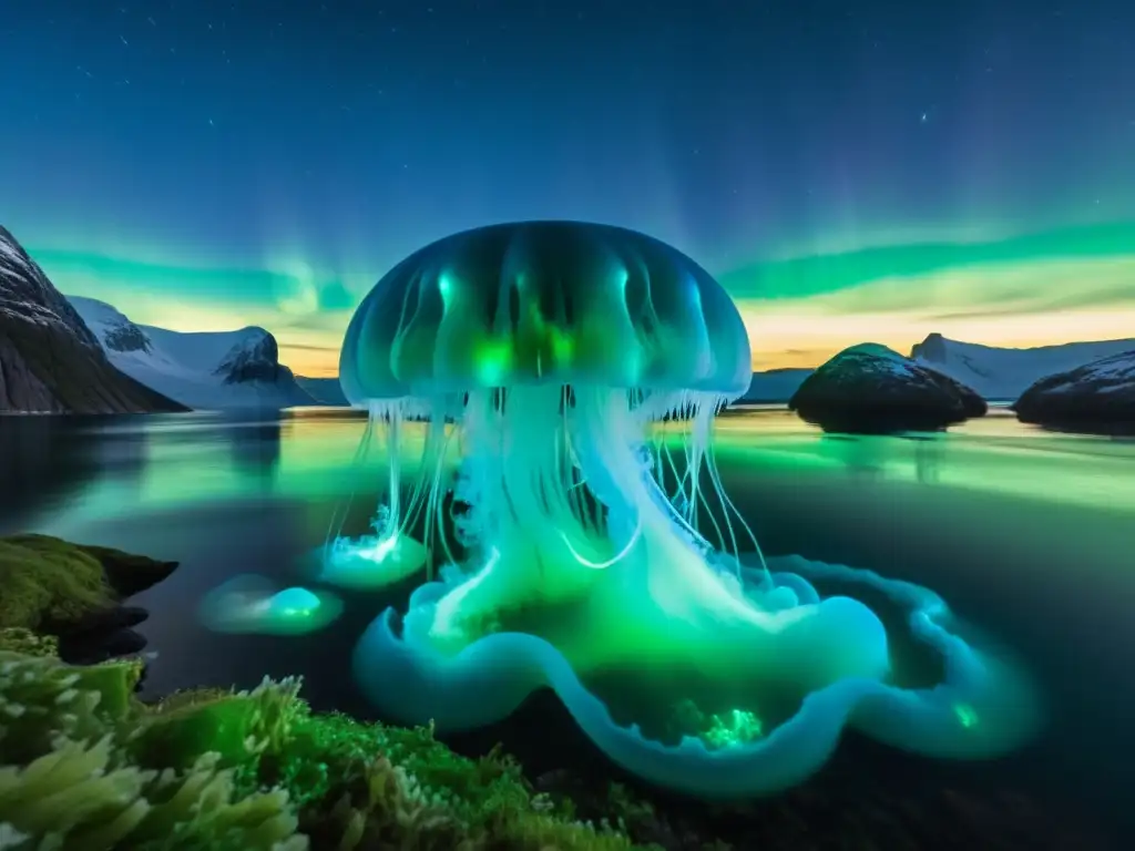 Un paisaje submarino mágico en Noruega con medusas bioluminiscentes y auroras boreales