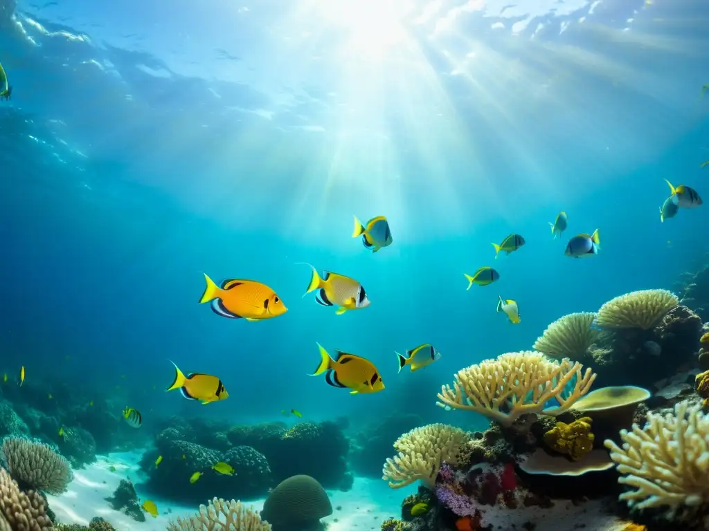 Un paisaje submarino con peces tropicales coloridos y un arrecife de coral, evocando los beneficios de los Omega 3