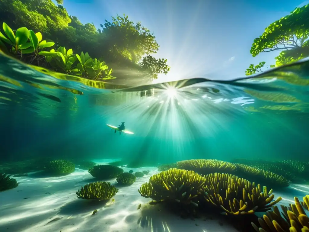 Un paisaje submarino sereno con un kayak ecológico en manglares, iluminado por el sol filtrado a través del agua