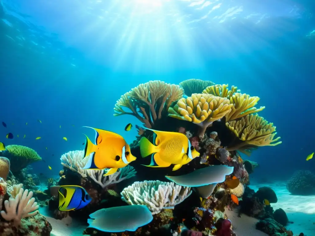 Un paisaje submarino sereno con peces tropicales y un arrecife de coral, evocando la belleza natural del tratamiento de lodo marino spa