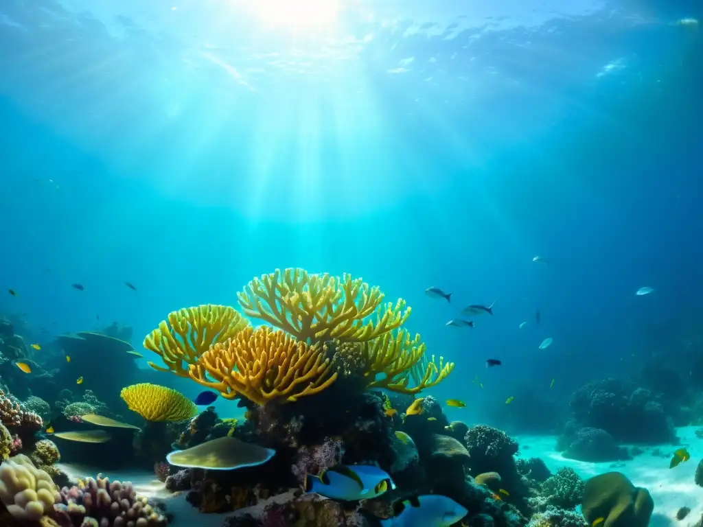 Un paisaje submarino sereno y vibrante con un arrecife de coral, peces coloridos y luz dorada, evocando calma y serenidad