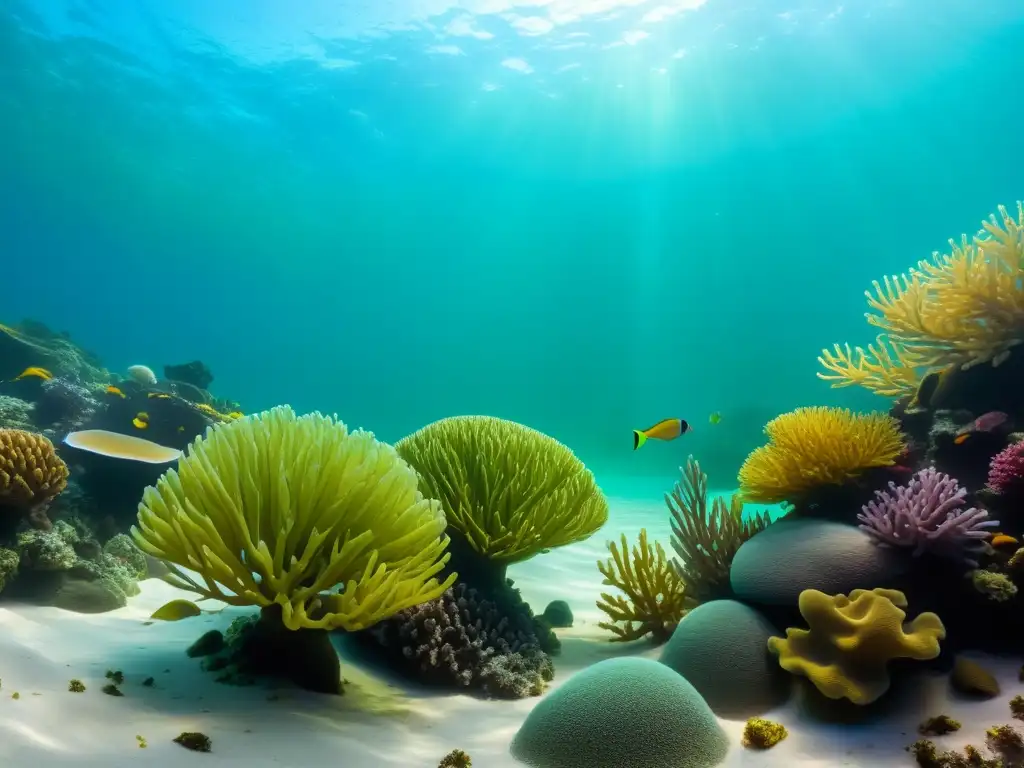 Un paisaje submarino sereno con vida marina colorida y un lecho de lodo oceánico, perfecto para tratamiento de lodo marino spa