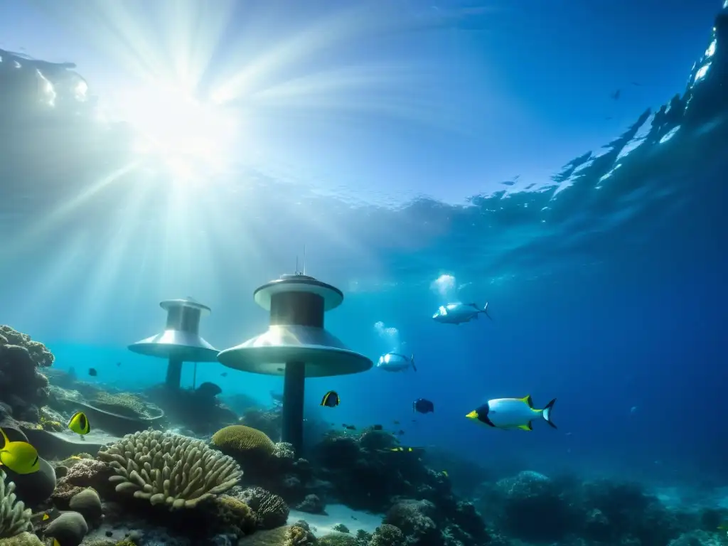 Un paisaje submarino con turbinas que capturan la energía de las corrientes oceánicas, rodeadas de vida marina y el resplandor del sol