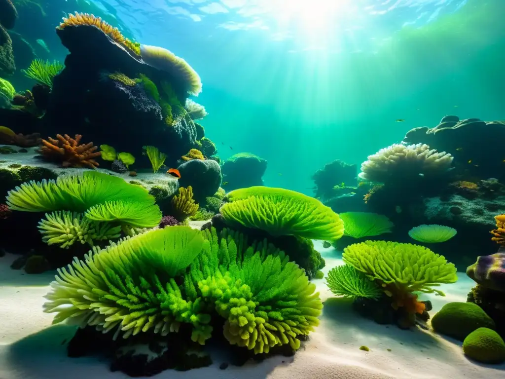 Un paisaje submarino vibrante con algas marinas coloridas y musgos decorando rocas y corales en un acuario