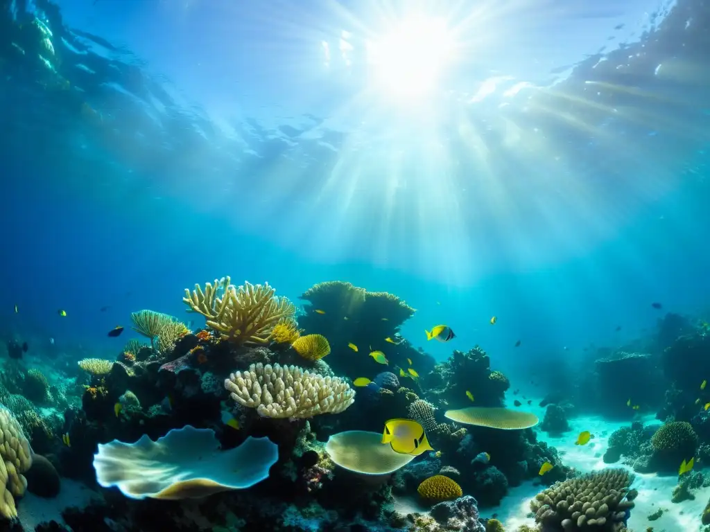 Un paisaje submarino vibrante con un arrecife de coral, peces coloridos y plantas marinas