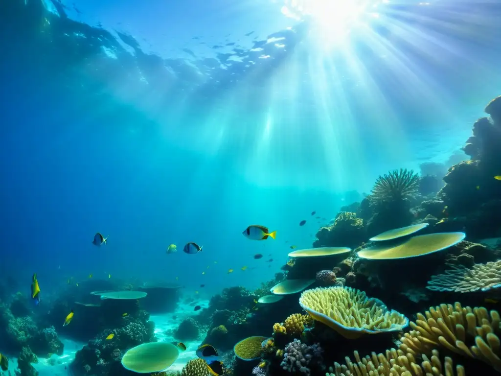 Un paisaje submarino vibrante con un arrecife de coral diverso, peces coloridos y plantas marinas balanceándose