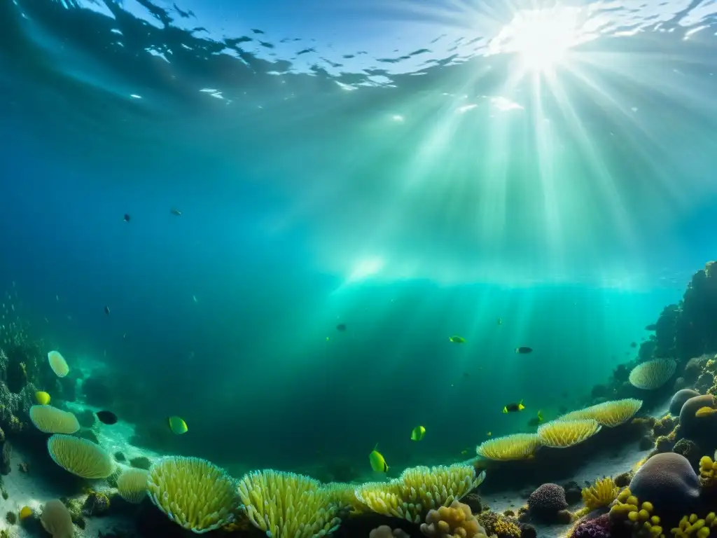 Un paisaje submarino vibrante con plancton en formas y colores sorprendentes, destacando la fragilidad y el impacto del cambio climático en este ecosistema marino esencial