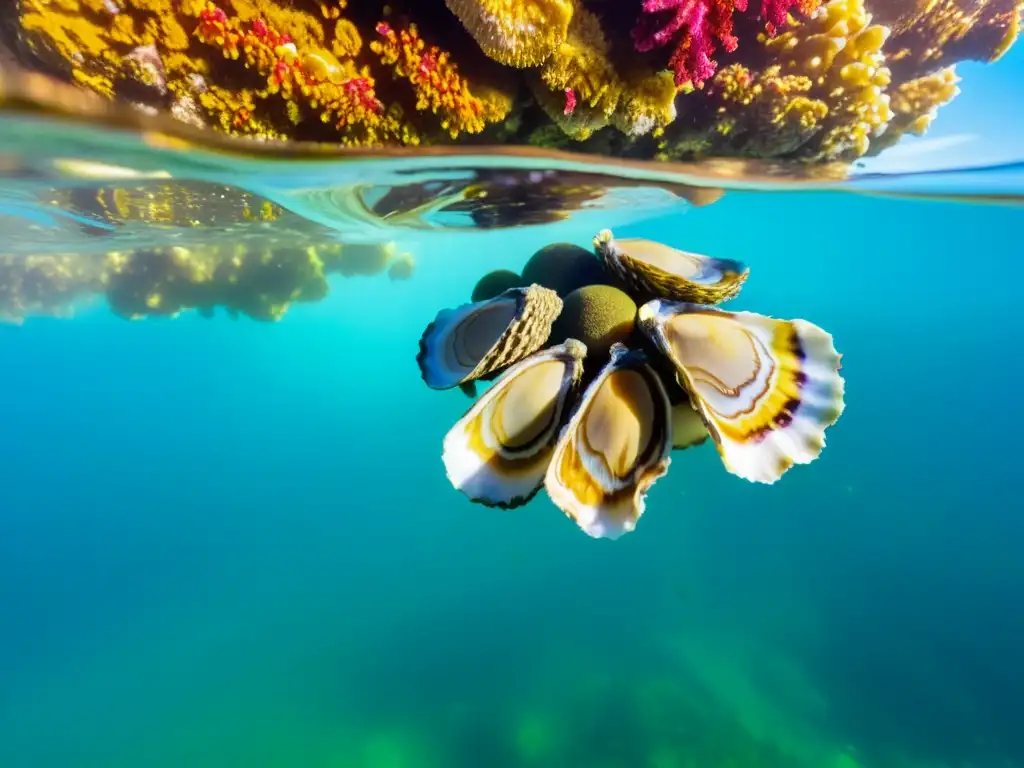 Un paisaje submarino vibrante con ostras frescas y coloridas entre rocas y coral en aguas cristalinas