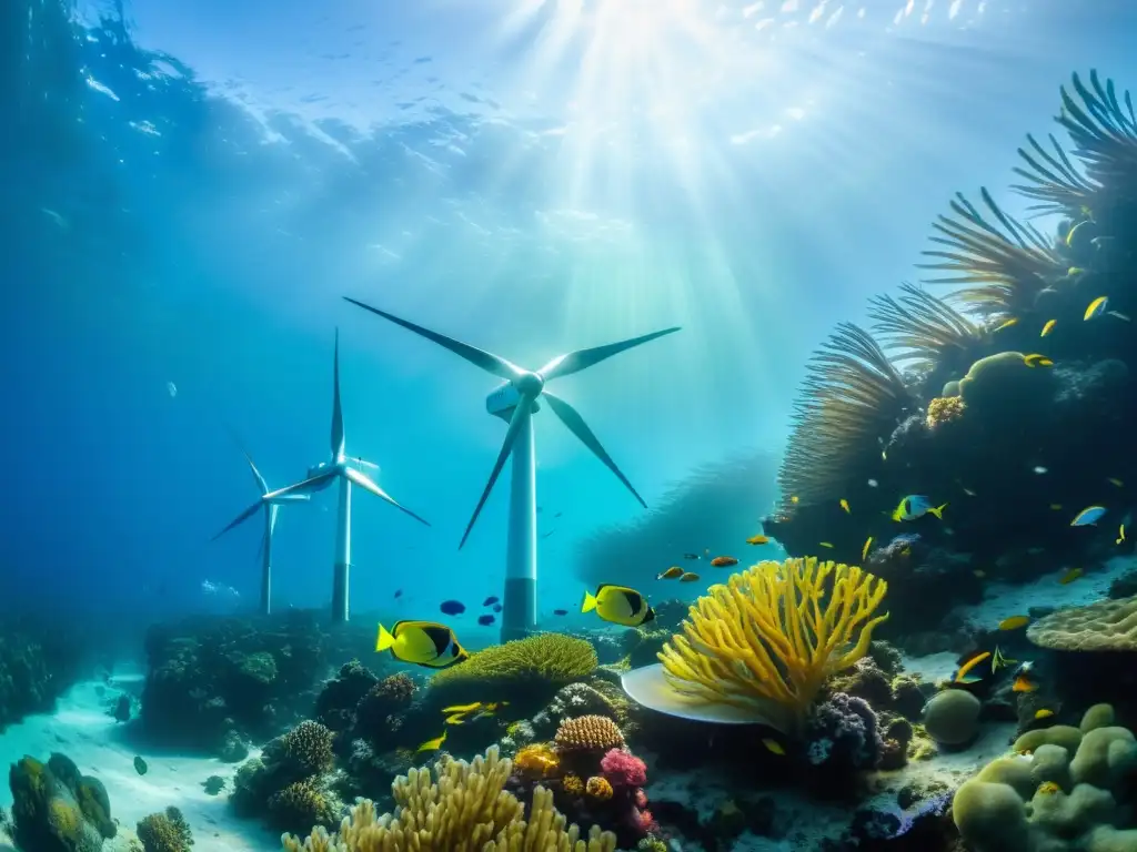 Un paisaje submarino vibrante con un parque eólico marino y un próspero ecosistema marino