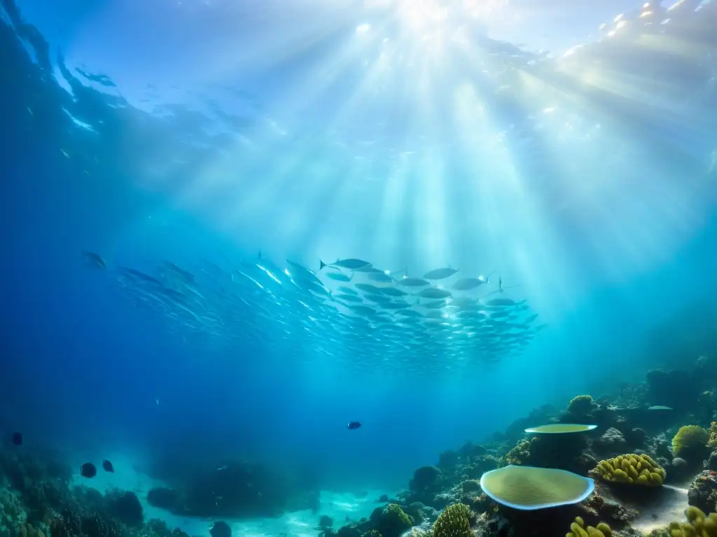 Un paisaje submarino vibrante con peces pelágicos nadando libremente entre arrecifes de coral coloridos