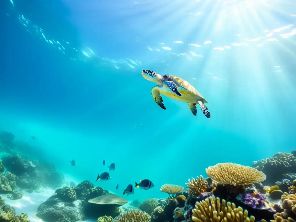 Un paisaje submarino vibrante con peces plateados y una tortuga marina, mostrando la vida marina