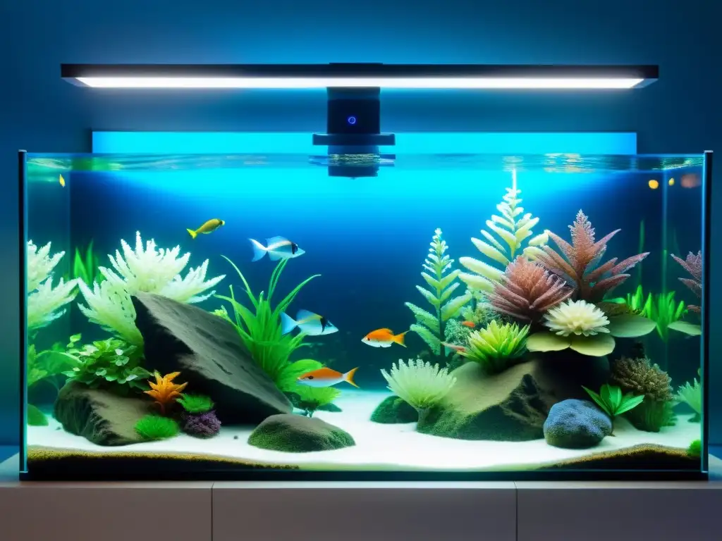 Panel de control de acuario futurista con pantalla táctil, rodeado de plantas acuáticas y peces coloridos