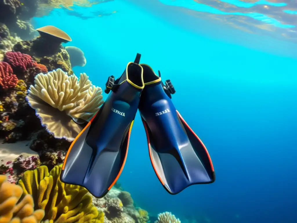 Un par de aletas de buceo azul marino descansan sobre un lecho de coral multicolor en un escenario submarino sereno y envolvente