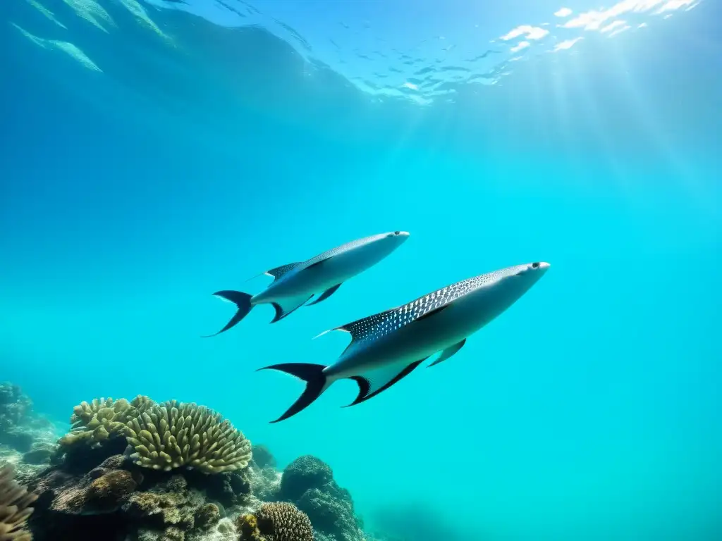 Un par de aletas de buceo SplitFin deslizándose elegantemente bajo el agua turquesa, resaltando su avanzada tecnología y maniobrabilidad