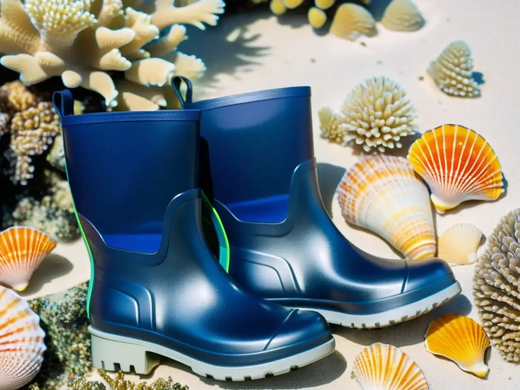 Un par de botas azul marino con diseño de conchas doradas bajo el agua, rodeadas de vida marina vibrante