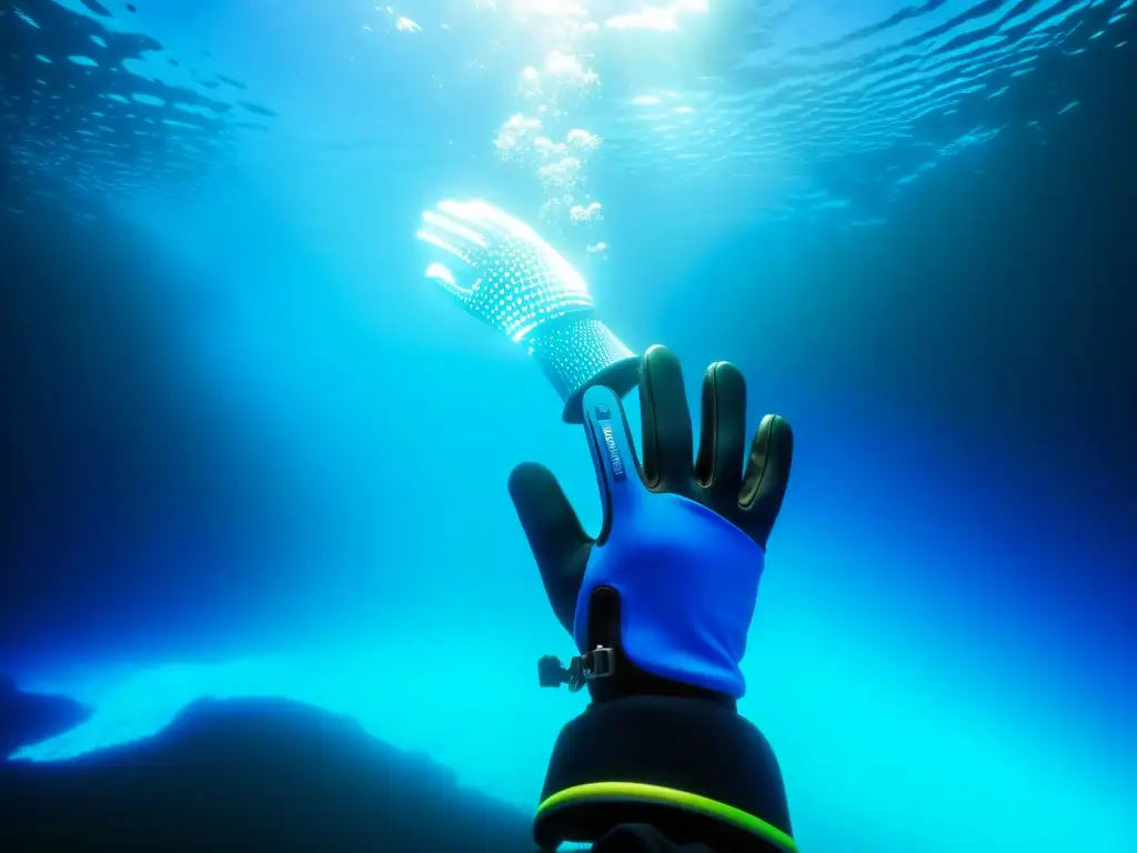 Un par de guantes y botas de buceo calefaccionados en vibrante azul brillante, resaltando en el agua cristalina, ideales para aguas frías