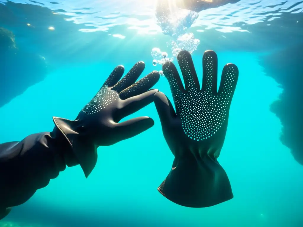 Un par de guantes de buceo negros con agarre de goma, sumergidos en agua turquesa