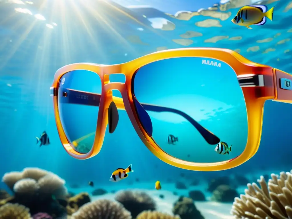 Un par de modernas gafas de sol con lentes azules rodeadas por peces tropicales en un deslumbrante entorno marino