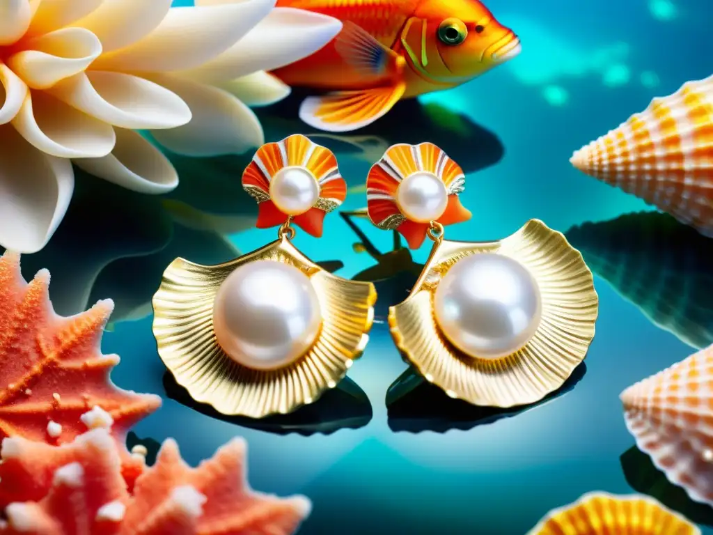 Pendientes de mar con conchas y perlas Un par de pendientes inspirados en vida marina, con detalles de conchas, perlas, plata y oro, sobre un fondo de coral y peces tropicales
