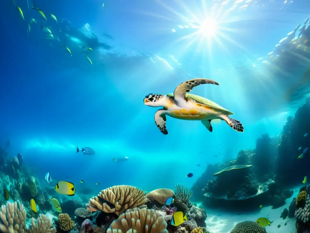 Un paraíso marino diverso y vibrante, con corales, peces coloridos y una majestuosa tortuga marina, capturando la esencia de la educación Master Scuba Diver y la diversidad marina