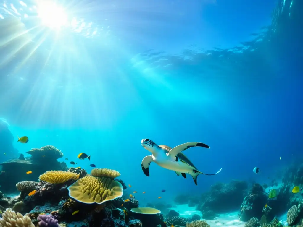 Un paraíso marino con peces coloridos, tortugas y mantarrayas, bañado por la luz del sol en un arrecife de coral