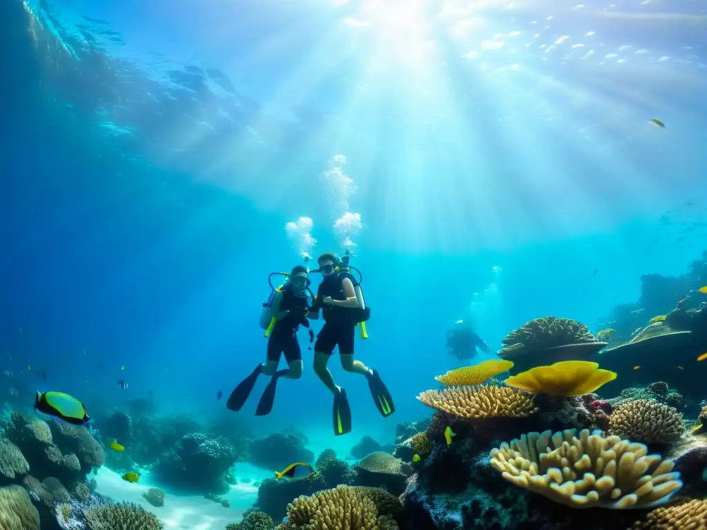 Una pareja se sumerge en un arrecife de coral, rodeada de peces coloridos y aguas cristalinas