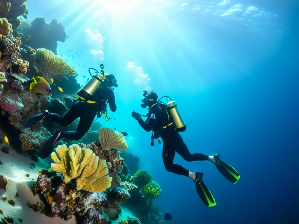 Una pareja de buceadores explorando un arrecife de coral, rodeados de vida marina colorida