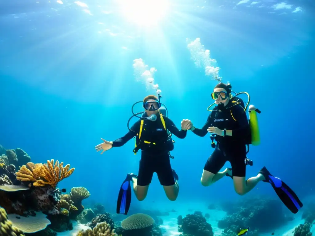 Una pareja de buceadores disfruta de la belleza del océano rodeados de coloridos arrecifes de coral y peces tropicales