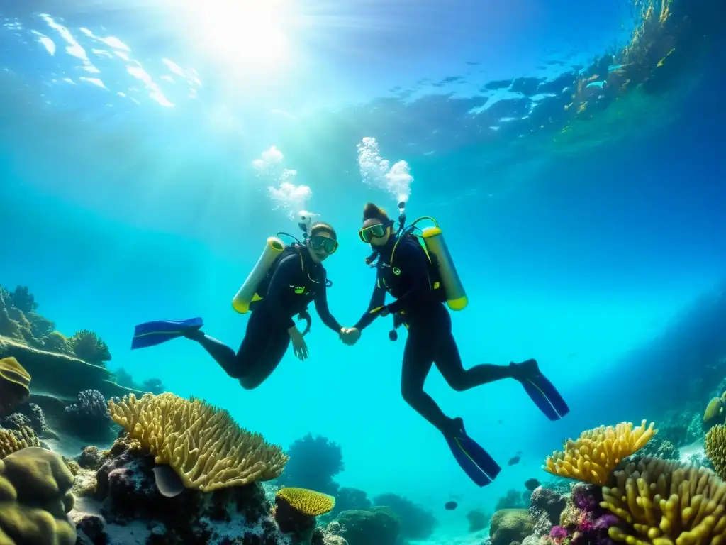 Una pareja disfruta del buceo en pareja en destinos románticos, explorando juntos arrecifes de coral y vida marina colorida en aguas cristalinas