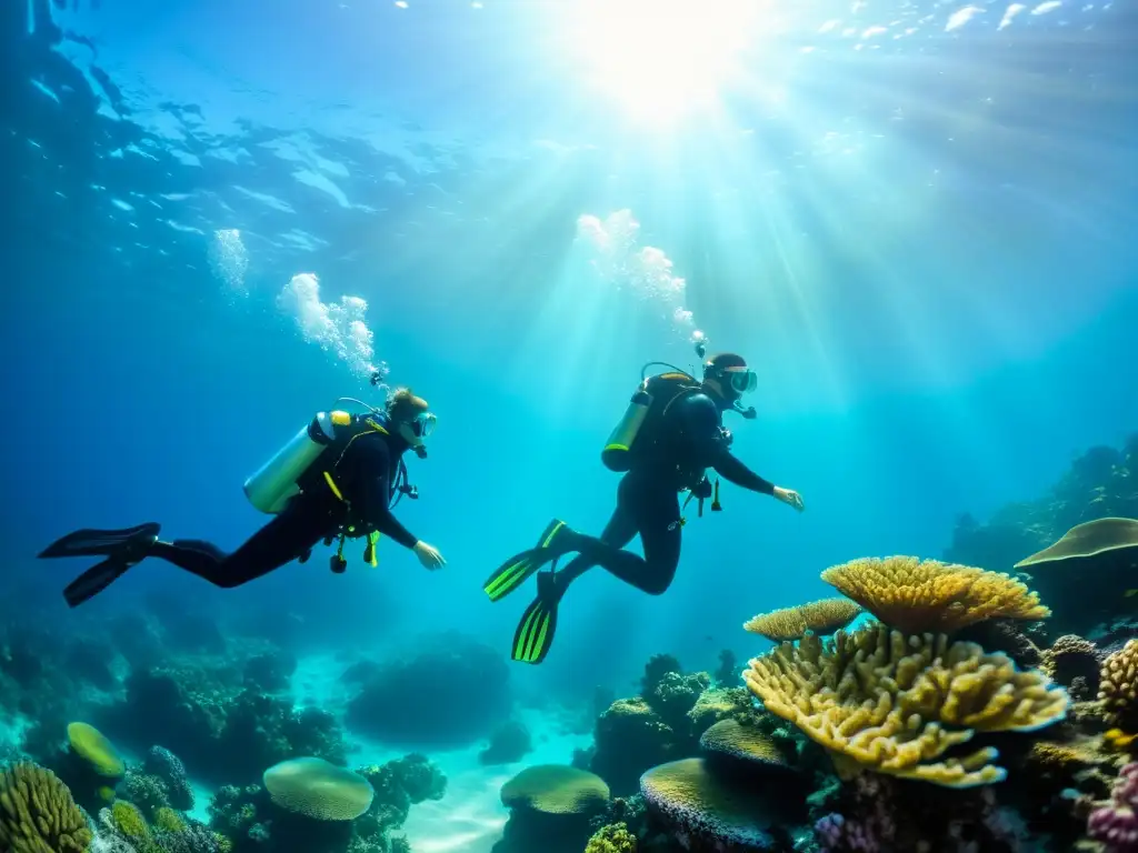 Una pareja en equipos de buceo explora un arrecife de coral, sumergidos en un mundo submarino lleno de color y vida marina