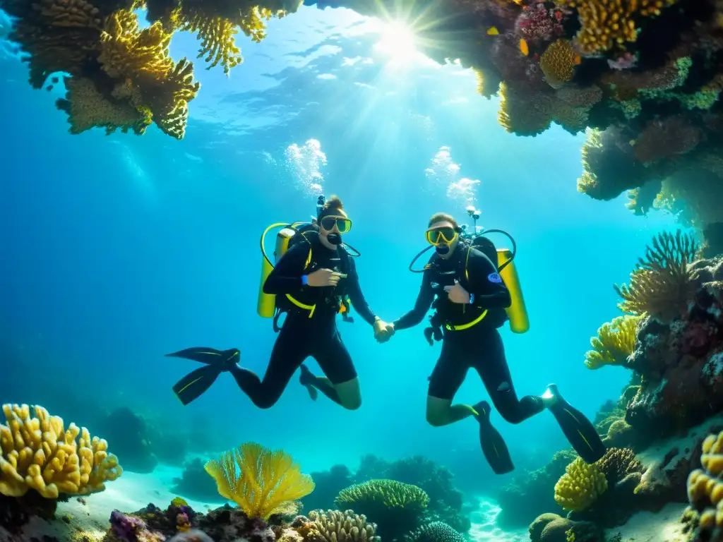 Una pareja con equipos de buceo disfruta de un nadar entre arrecifes de coral, rodeados de vida marina colorida y la luz dorada del sol