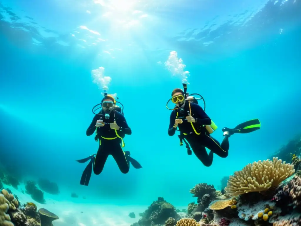 Una pareja en equipos de buceo disfruta de las cristalinas aguas turquesas y la vida marina, creando una atmósfera de aventura y conexión