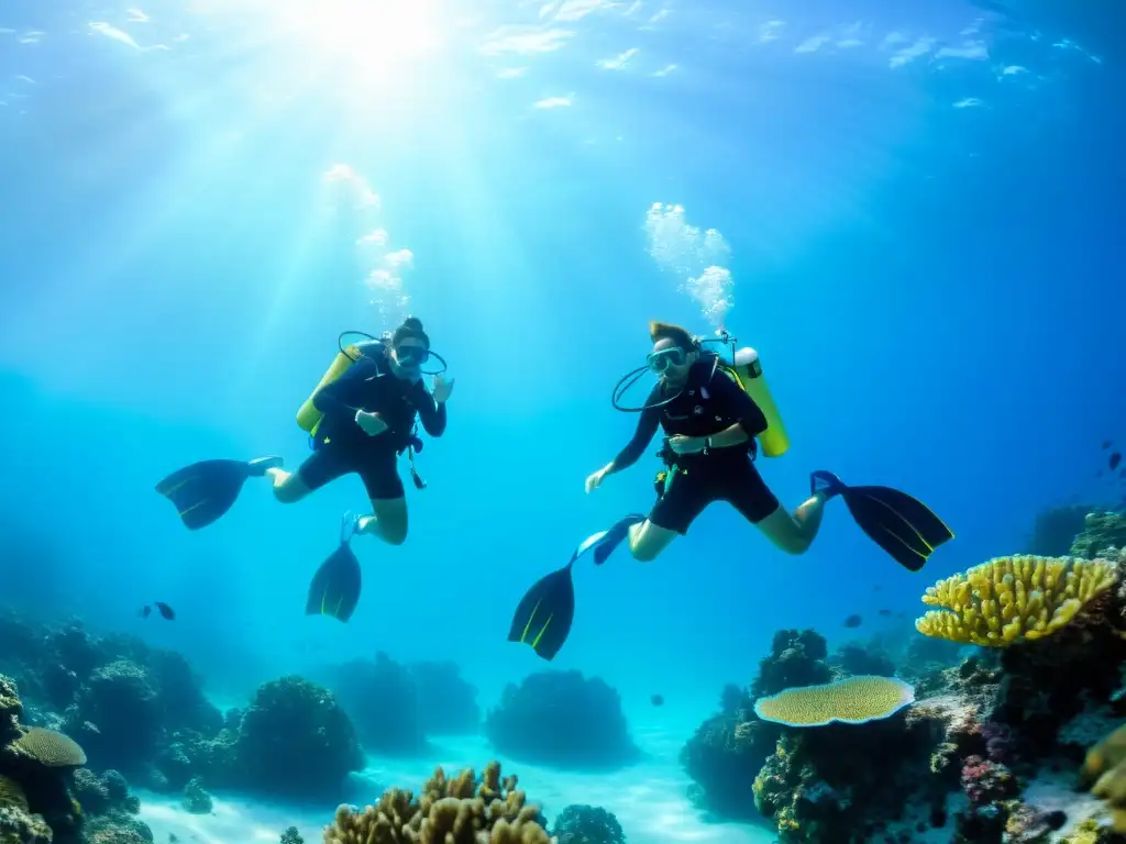 Una pareja con equipos de buceo en pareja explora un arrecife de coral rodeado de vida marina en aguas cristalinas