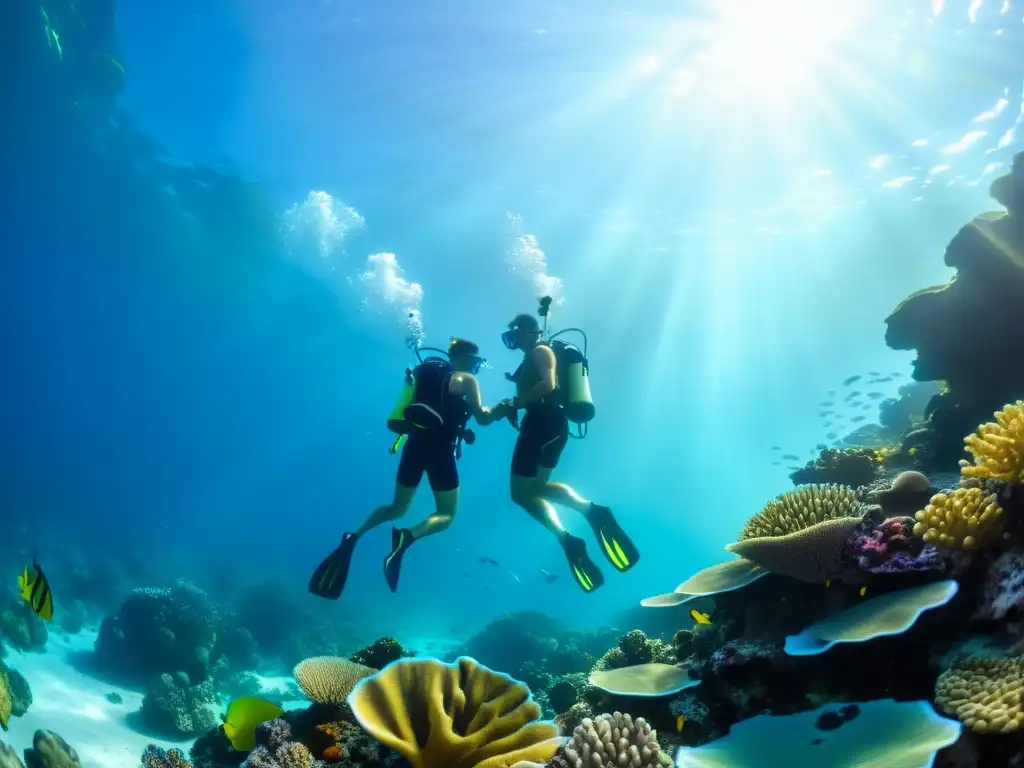 Una pareja se toma de la mano mientras explora un vibrante arrecife de coral repleto de peces y vida marina