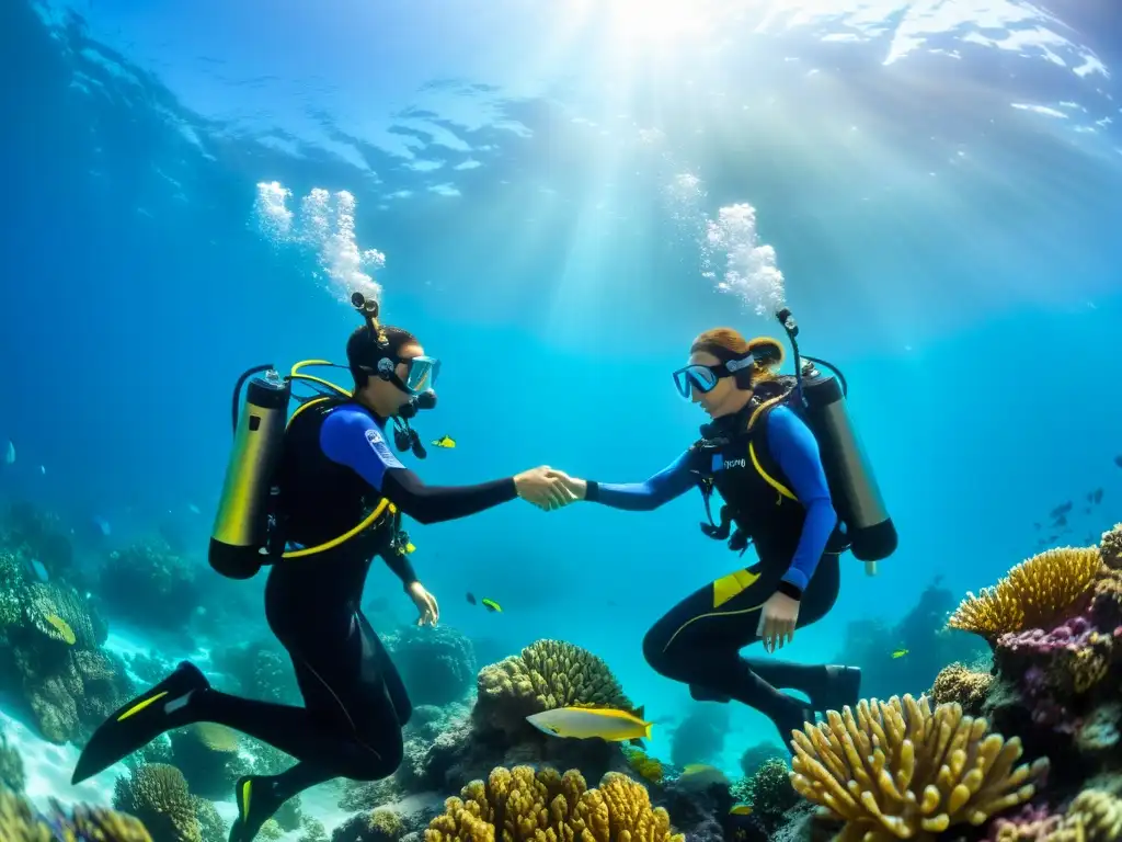 Una pareja disfruta de la maravilla del mundo submarino, explorando un arrecife de coral repleto de peces coloridos, con equipos de buceo en pareja