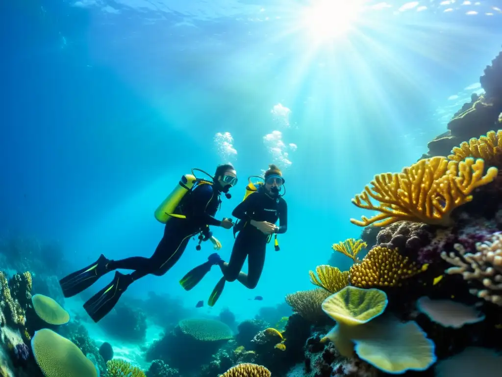 Una pareja disfruta de los mejores cursos de buceo para parejas, explorando un arrecife de coral colorido bajo el agua con asombro y alegría