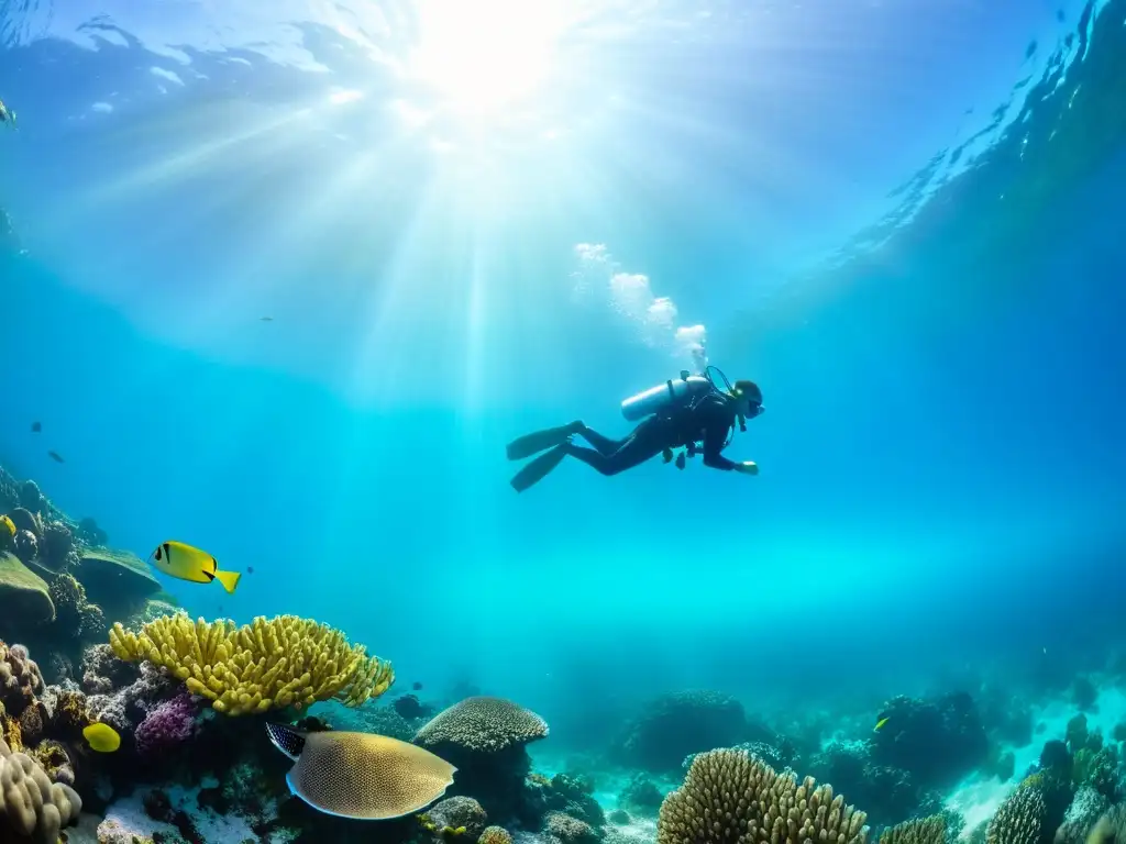 Una pareja disfruta de los mejores cursos de buceo para parejas, nadando entre coloridos arrecifes de coral y vida marina en un mundo submarino mágico y sereno