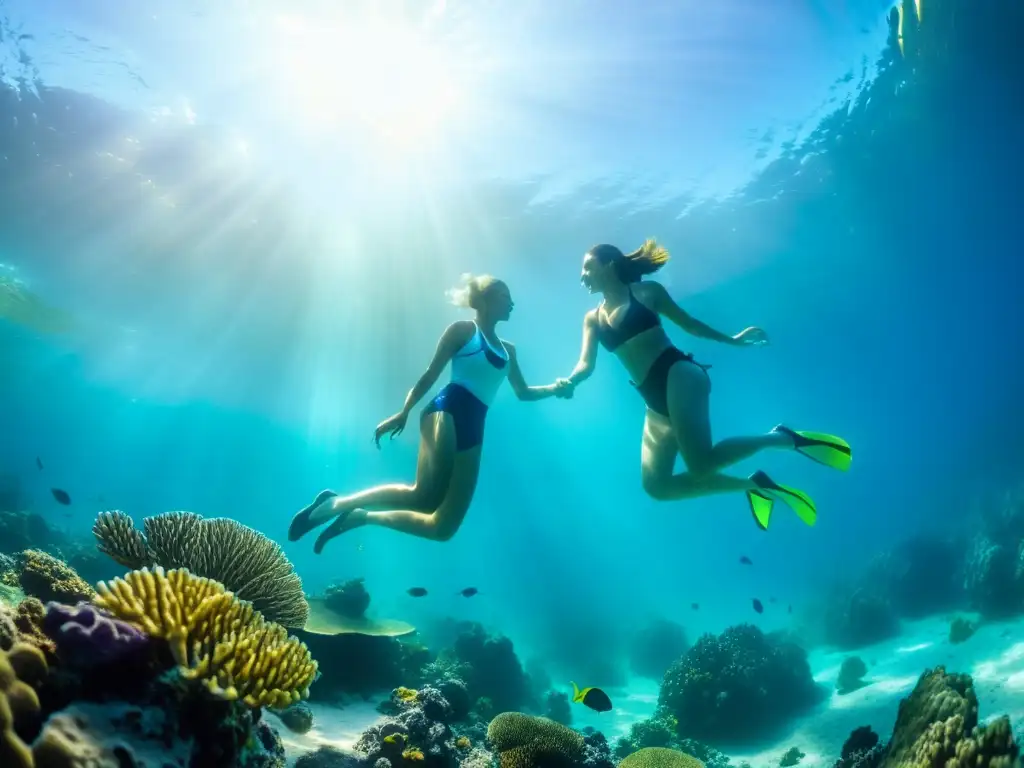 Una pareja disfruta de los mejores cursos de buceo para parejas, explorando un arrecife de coral colorido bajo el cálido brillo del sol