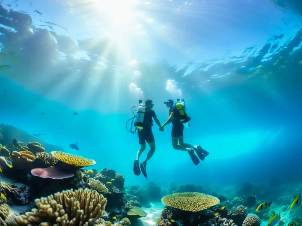 Una pareja disfruta de los mejores cursos de buceo para parejas en un arrecife de coral, rodeados de vida marina y la belleza del océano