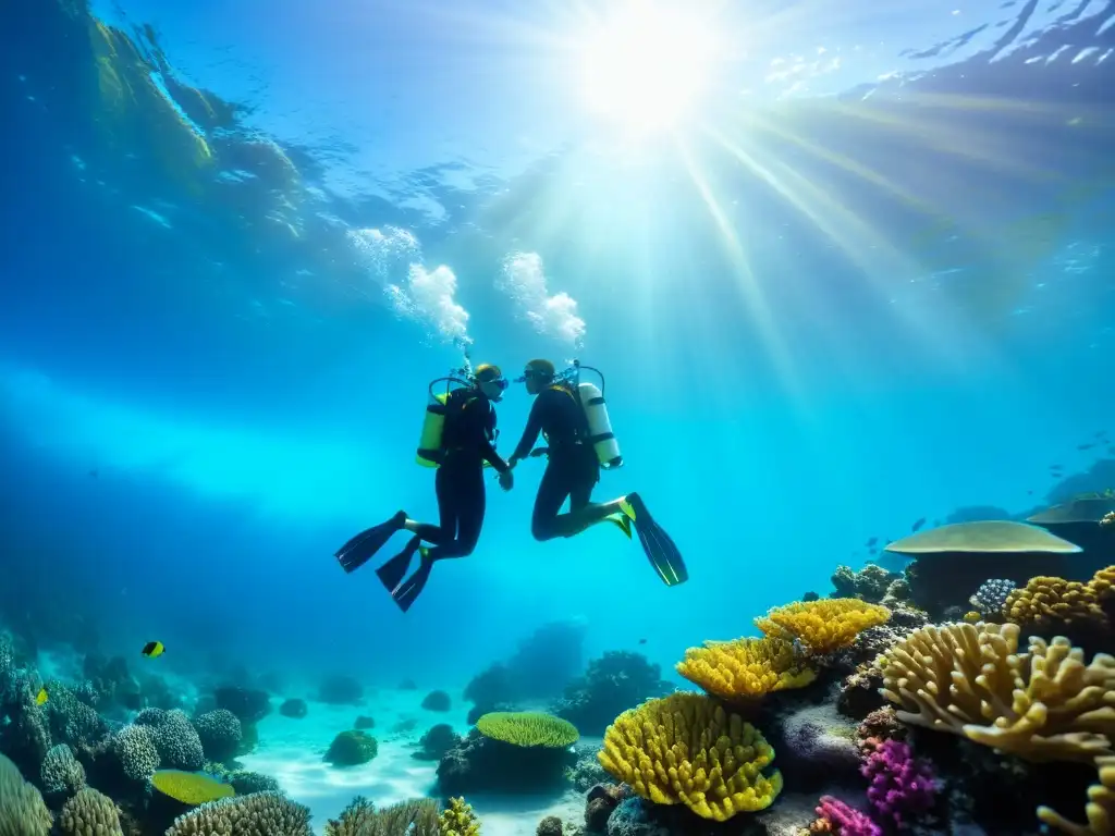 Una pareja se sumerge tomados de la mano en un mundo marino colorido, reflejando la magia de los mejores cursos de buceo para parejas