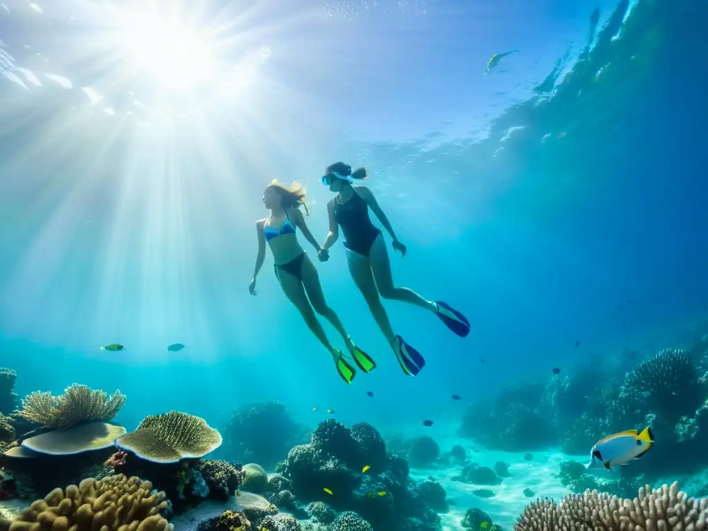 Una pareja se sumerge en un vibrante arrecife de coral, con la luz del sol filtrándose a través del agua cristalina