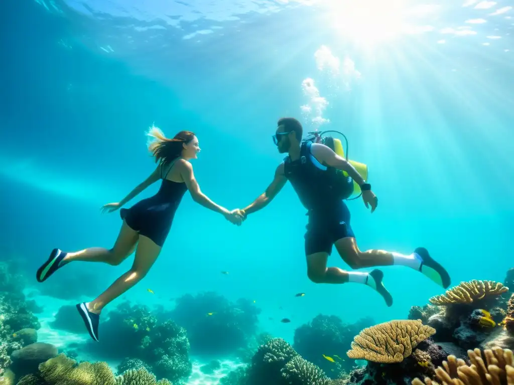 Una pareja explora un vibrante arrecife de coral, tomados de la mano, bajo el agua turquesa