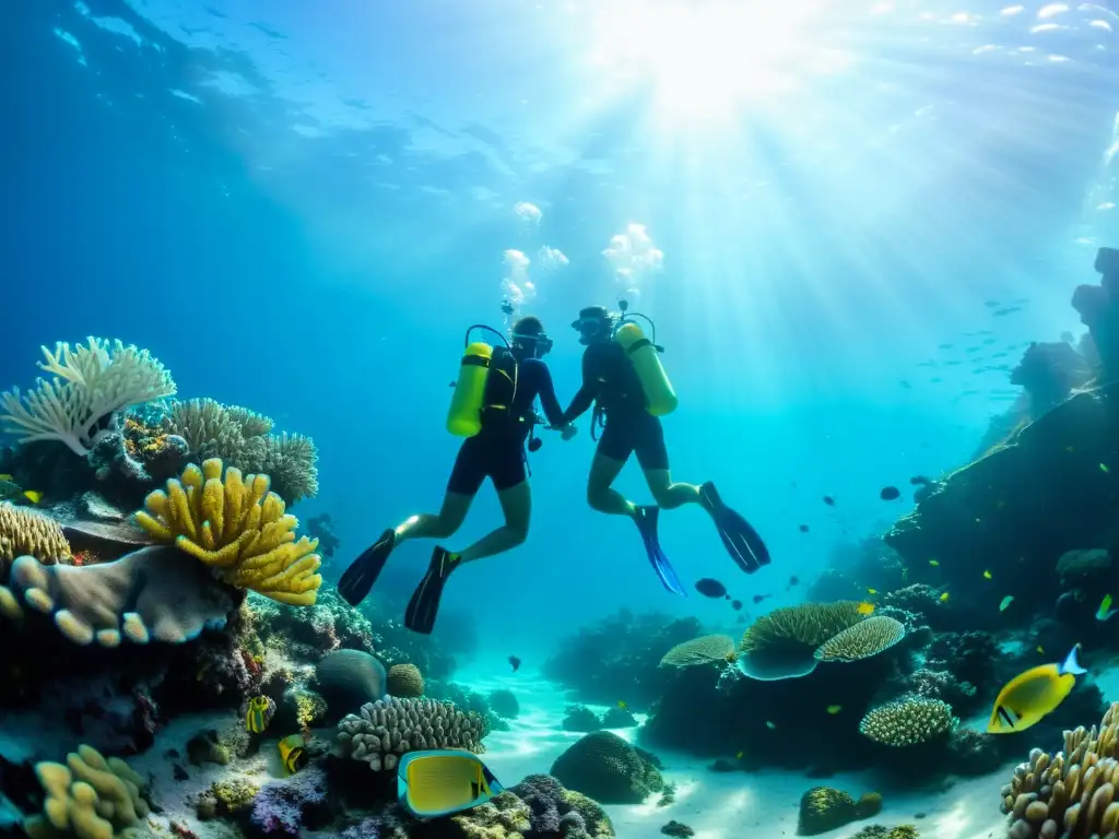 Una pareja explora un vibrante arrecife de coral, iluminado por el sol