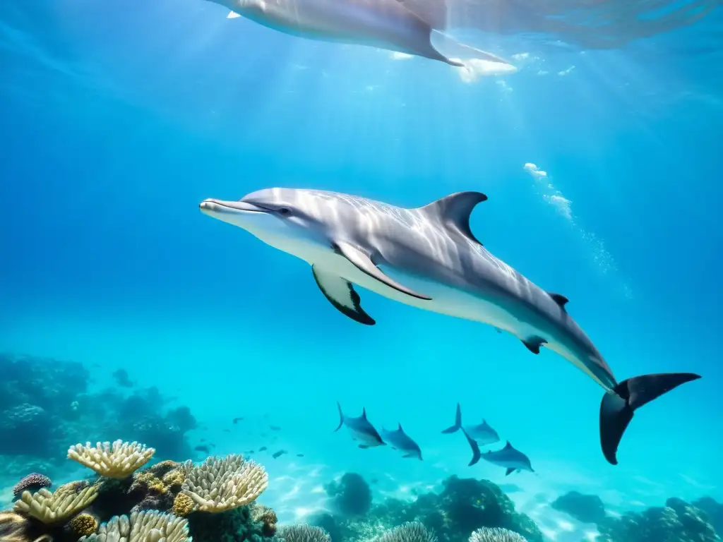 Expedición al Parque Nacional Galápagos: Manada de delfines gráciles en aguas cristalinas, rodeados de arrecifes de coral y peces tropicales