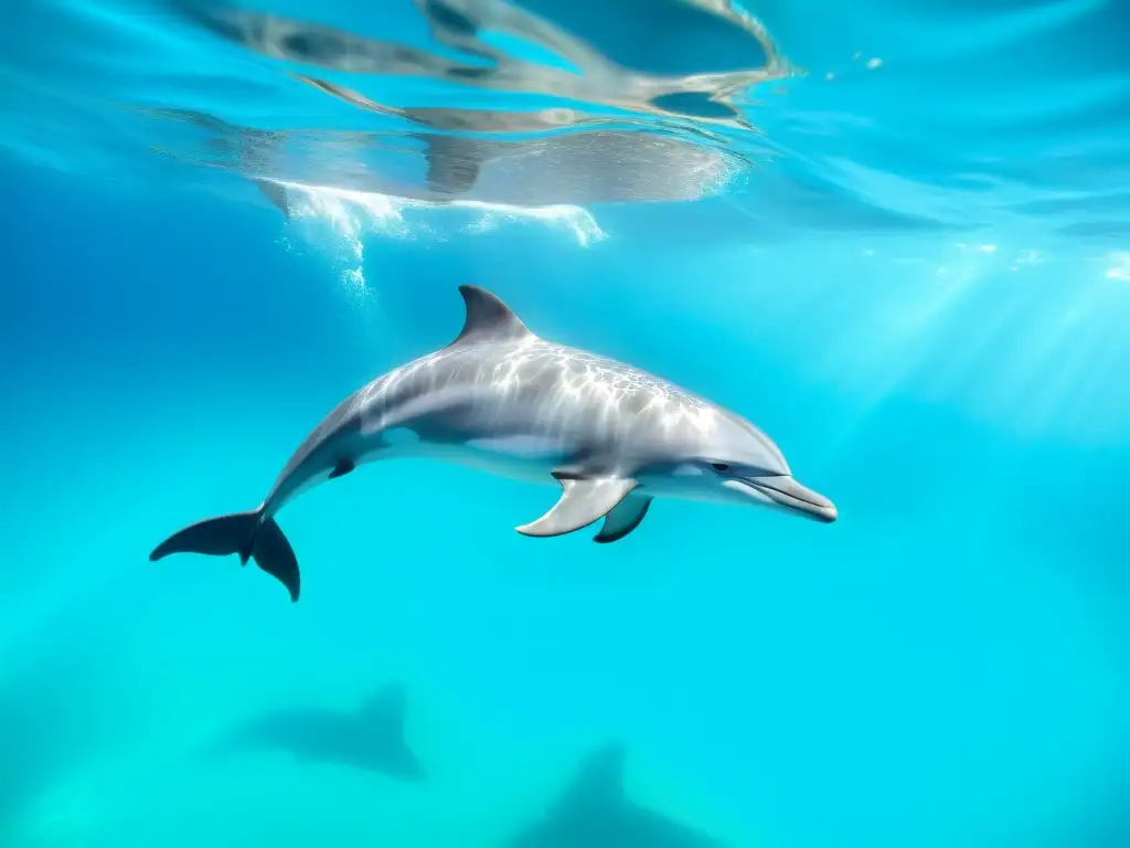 Patrones migratorios de delfines en su elegante nado en aguas turquesas, capturando su libertad y elegancia en su viaje migratorio en el océano