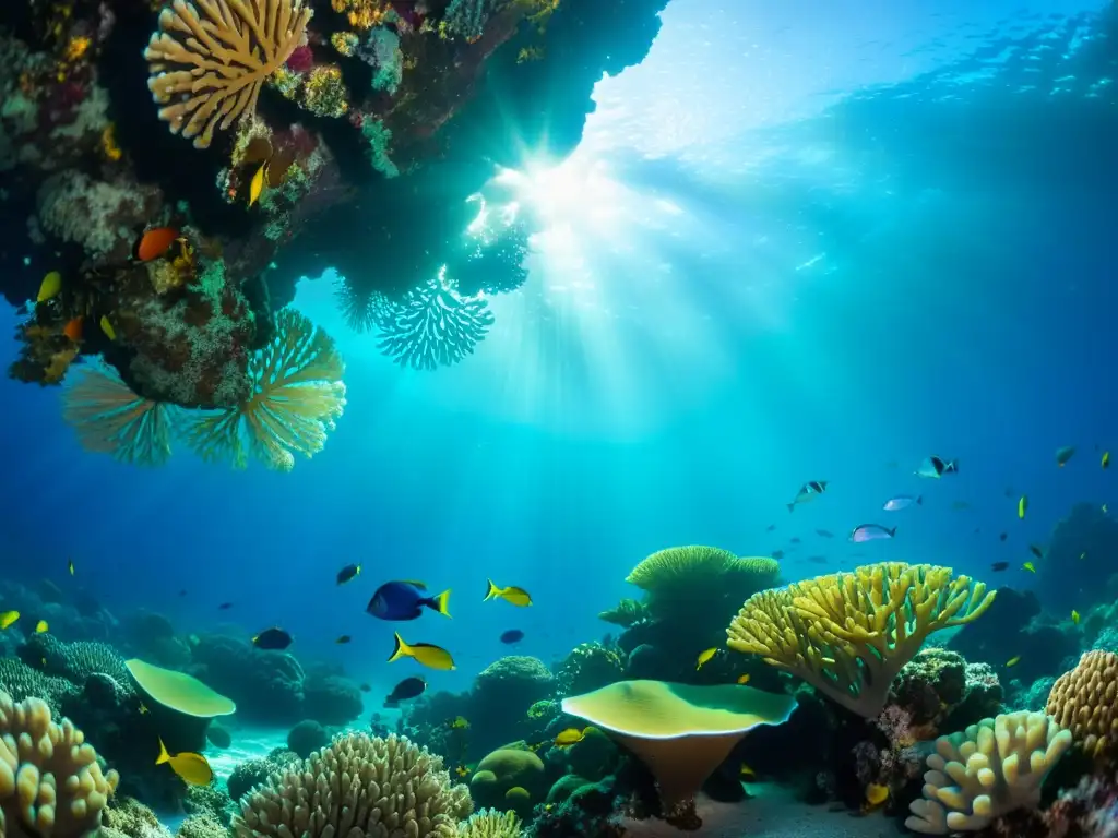 Patrones de vida marina en moda: un vibrante arrecife de coral con peces coloridos, plantas marinas y formaciones de coral, bañado por la luz solar