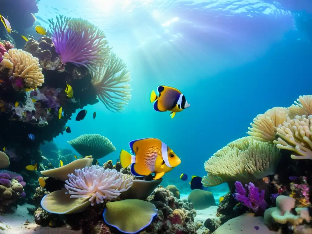 Peces coloridos para acuario marino en vibrante arrecife con vida marina variada y colorida rodeada de anémonas en tonos rosados, morados y verdes