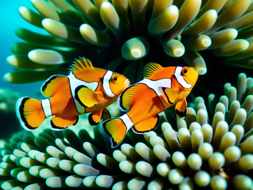 Dos peces payaso protegiendo su nido de huevos en un vibrante arrecife de coral