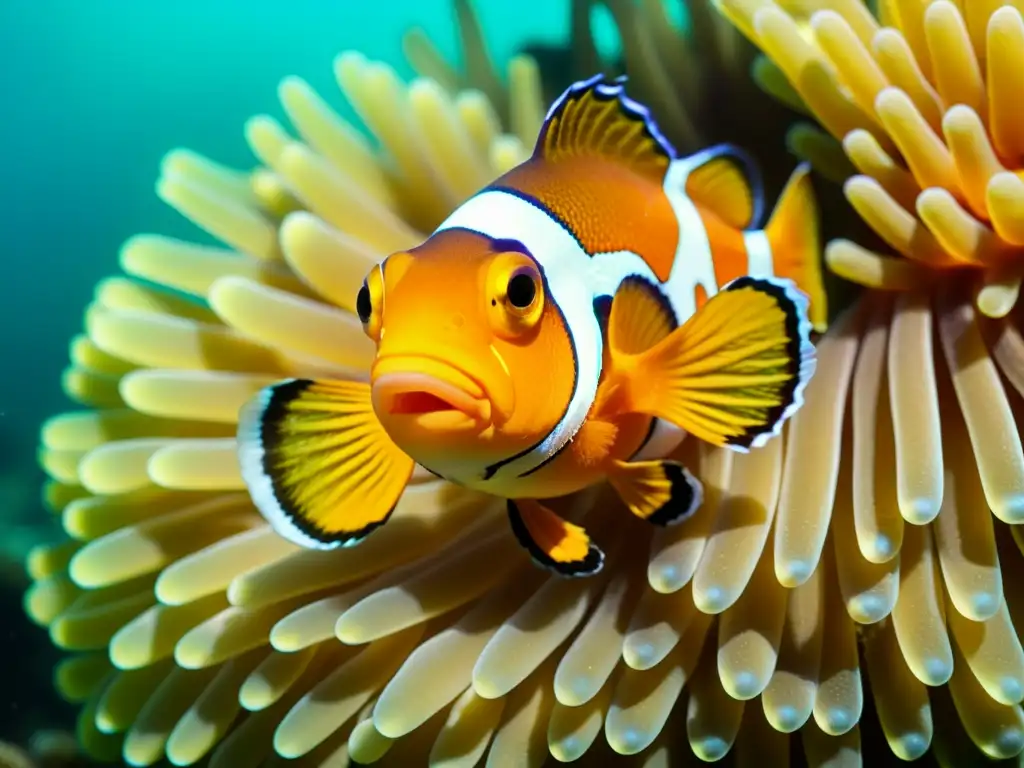 Dos peces payaso vibrantes nadando entre los tentáculos ondeantes de una anémona de mar, en un cautivador escenario submarino que muestra la belleza natural y la complejidad de la vida marina